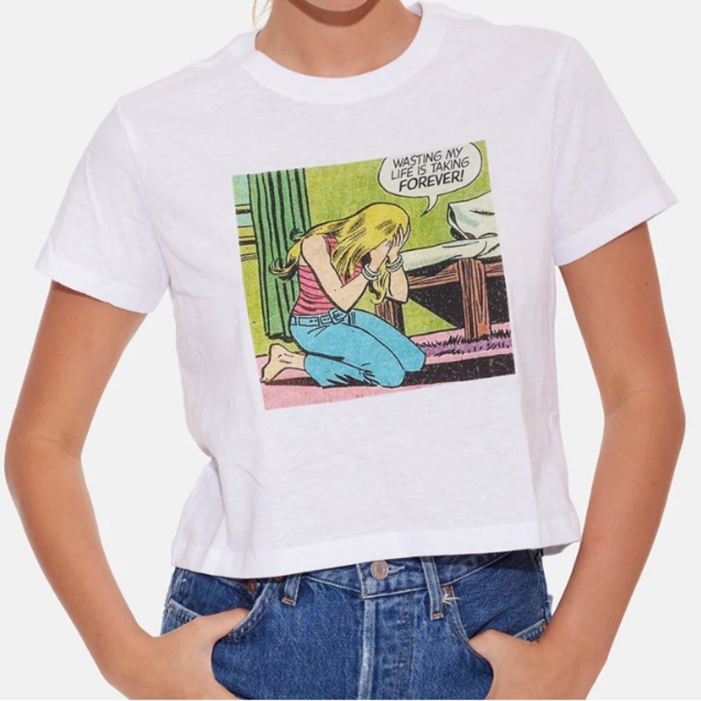 “Blue and Cream” T-Shirt Wasting My Life Lichtenstein Cartoon White XS MSRP $95